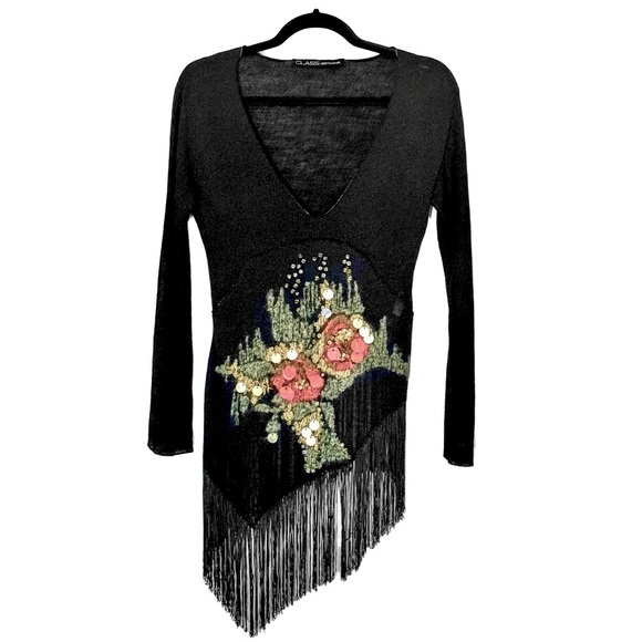 Roberto Cavalli Tops - Vintage Roberto Cavalli Mohair Embroidered Knit V Neck Asymmetrical Fringe Top
